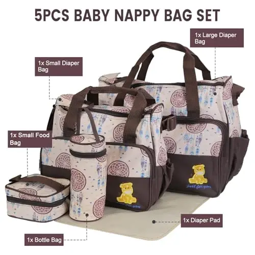 Moclever 5Pcs Baby Nappy Diaper Bags Set-Baby Bags for Mom,Waterproof Maternity Bags with Bottle Bag,Food Bag&Changing Pad For Mom Dad - 5