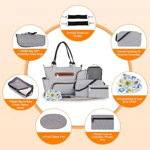 Moclever 8pc Diaper Tote Set, Baby Essentials with Multifunctional Diaper Bags, Bottle & Mesh Bag - 5
