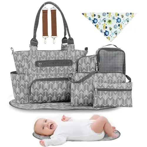 Moclever 8pc Diaper Tote Set, Baby Essentials with Multifunctional Diaper Bags, Bottle & Mesh Bag 