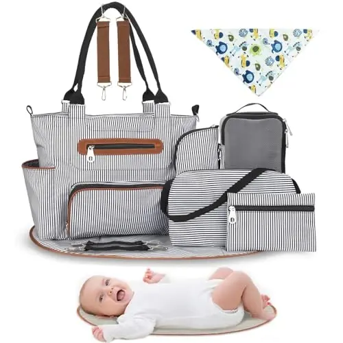 Moclever 8pc Diaper Tote Set, Baby Essentials with Multifunctional Diaper Bags, Bottle & Mesh Bag 
