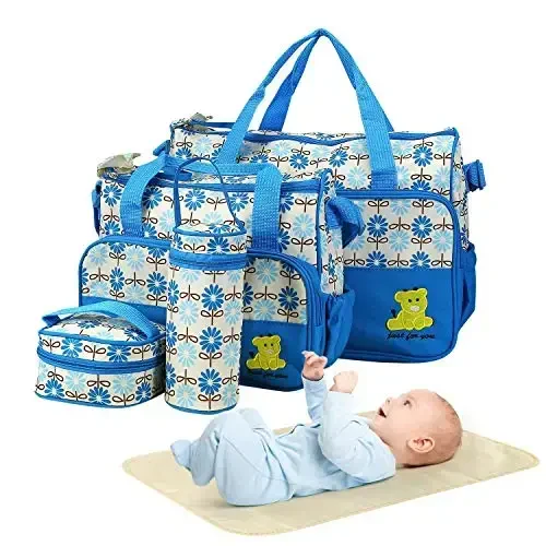 Moclever Diaper Bag Tote Set, 5 dona Ona va Ota uchun chaqaloq sumkalari – Izolyatsiya qilingan shisha ushlagichi, oziq-ovqat sumkasi va ko'chma taglik yostig'i bilan katta tug'ruq sayohat sumkasi, suv o'tkazmaydigan chaqaloq uchun zarur narsalar tashkilotchisi (ko'k) - Modazone