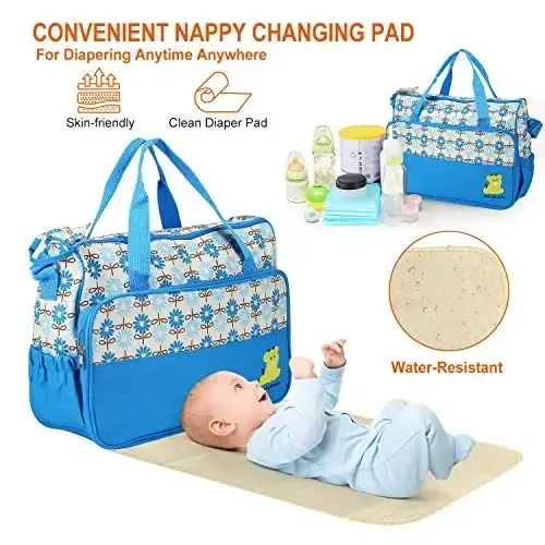 Moclever Diaper Bag Tote Set, 5PCS Baby Bags for Mom and Dad – Large Maternity Travel Bag with Insulated Bottle Holder, Food Bag & Portable Changing Pad, Waterproof Baby Essentials Organizer (Blue) - 6