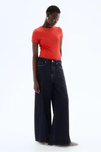 Modal Blended and Ribbed T-Shirt - Red - 3