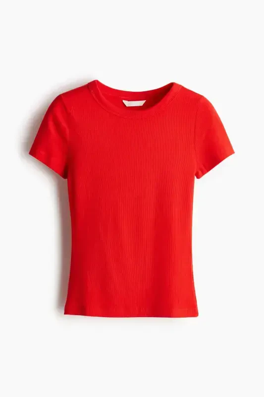 Modal Blended and Ribbed T-Shirt - Red - 4