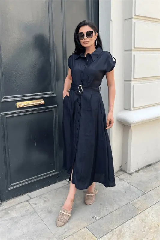 Modal Fabric Button Detailed Midi Dress - BLACK - BÜYÜKBEDENIZ