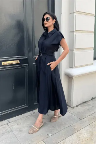 Modal Fabric Button Detailed Midi Dress - BLACK - BÜYÜKBEDENIZ (1)