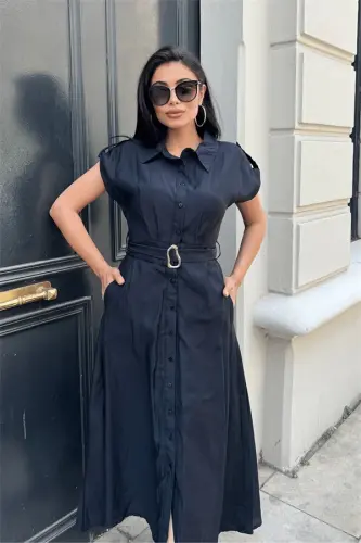 Modal Fabric Button Detailed Midi Dress - BLACK - 4