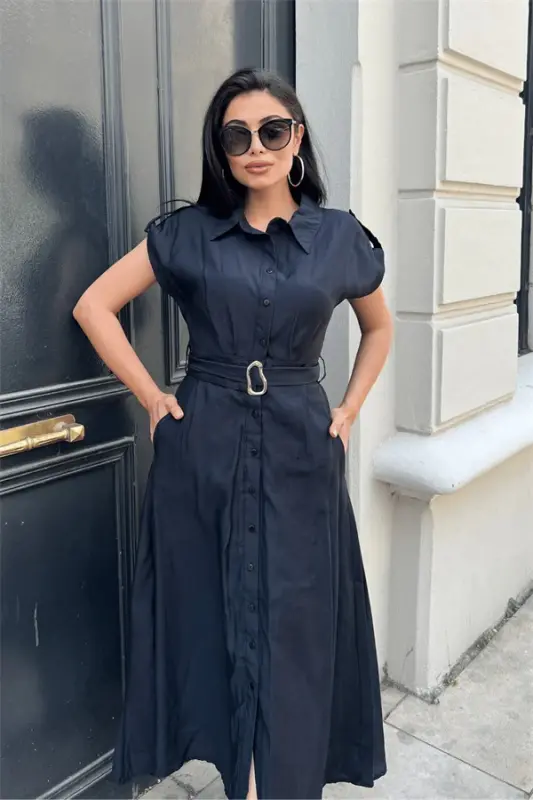 Modal Fabric Button Detailed Midi Dress - BLACK - 4