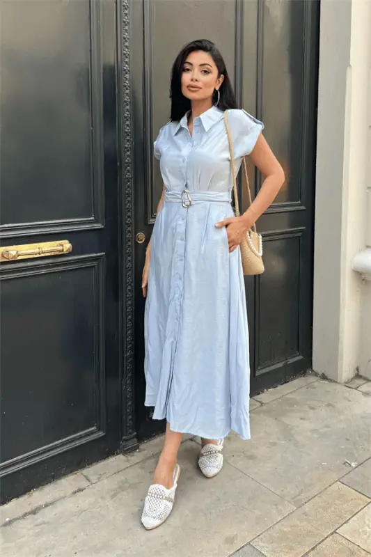 Modal Fabric Button Detailed Midi Dress - ICE BLUE - 1
