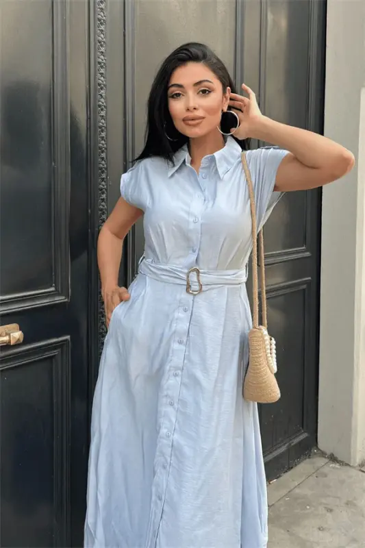 Modal Fabric Button Detailed Midi Dress - ICE BLUE - 3