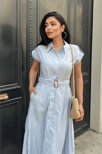 Modal Fabric Button Detailed Midi Dress - ICE BLUE - 4
