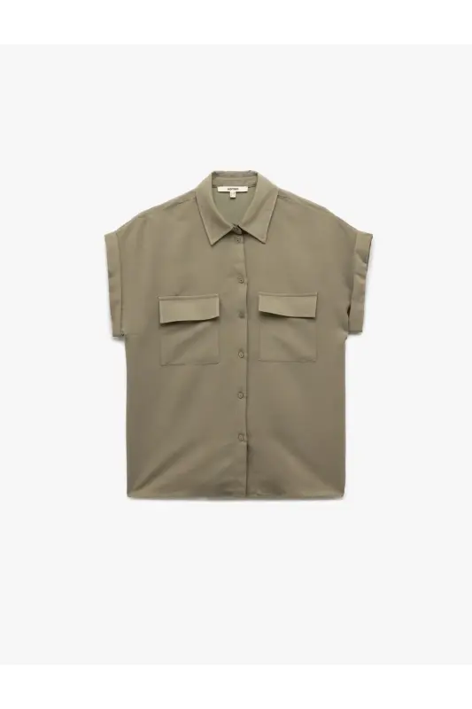 Modal Fabric Short Sleeve Classic Collar Pocket Detailed Shirt-Khaki - 3