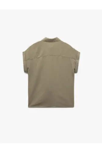 Modal Fabric Short Sleeve Classic Collar Pocket Detailed Shirt-Khaki - 4
