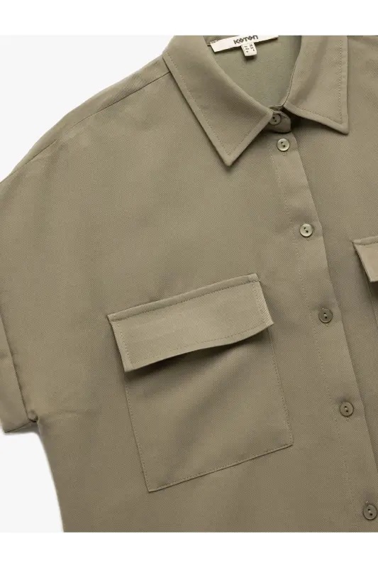 Modal Fabric Short Sleeve Classic Collar Pocket Detailed Shirt-Khaki - 5