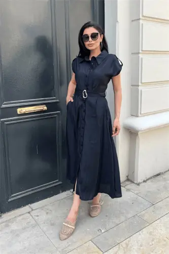 Modal mato tugmachali detallari midi ko'ylak - QORA - 1