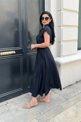 Modal mato tugmachali detallari midi ko'ylak - QORA - 5