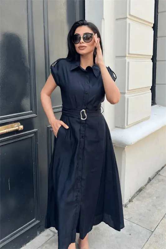 Модальное Платье Миди с Пуговицами - ЧЕРНЫЙ - 3