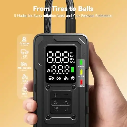 MODARI Tire Inflator Portable Air Compressor - 4X Faster 160 PSI Air Pump for Car Tires - Wireless Car Tire Inflator with Pressure Gauge - Portable Tire Inflator for Car, Pickup, Motor and More - 5