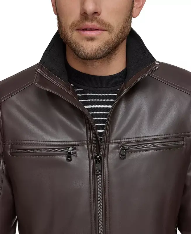 Men's Faux Leather Moto Jacket, Created for Modazone - Heritage Brown - 4