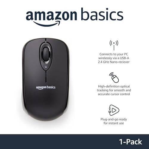 Modazone Basics 2.4 Ghz Wireless Optical Computer Mouse with USB Nano Receiver, Black - 2