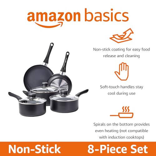 Modazone Basics Non-Stick Cookware 8-Piece Set, Pots and Pans, Black - 4