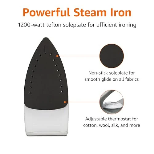 Modazone Basics Teflon Soleplate Steam Iron, 1200-Watt, Gray, 1.31ft - 3