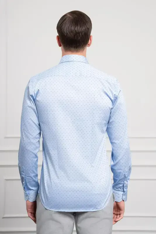 Modazone Erkak A. KO'K Paxta Bosma Naqshli Italyan Yoqali Slim Fit Ko'ylak - 5