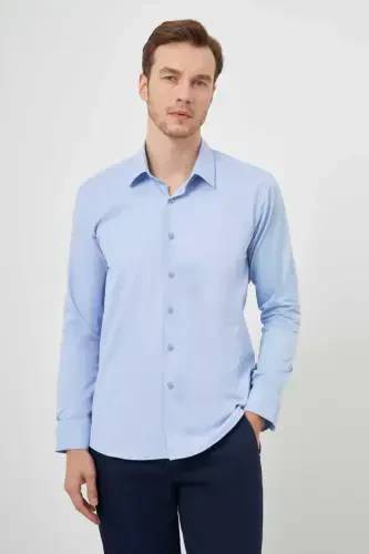 Modazone Erkak A. KO'K Paxta Tekis Naqshli Italyan Yoqali Slim Fit Ko'ylak - 1