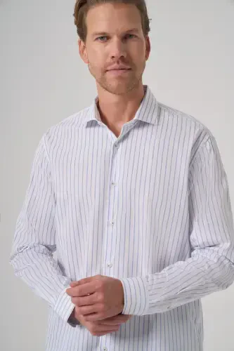 Modazone Erkak A. KO'K Paxta Trend Chiziqli Slim Fit Yarim Italiya Yoqali Ko'ylak - 2