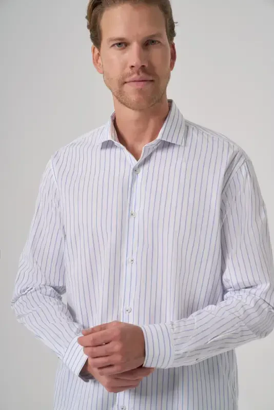 Modazone Erkak A. KO'K Paxta Trend Chiziqli Slim Fit Yarim Italiya Yoqali Ko'ylak - 2