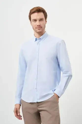 Modazone Erkak A. KO'K Paxta Trend Tugmali Yoqa Dynamic Fit Ko'ylak - 1