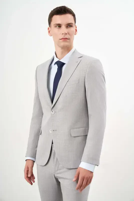 Modazone Erkak A. KO'K Poliviskoz Trend Chiziqli Naqshli Slim Fit Mono Yoqali Kostyum - MORVEN