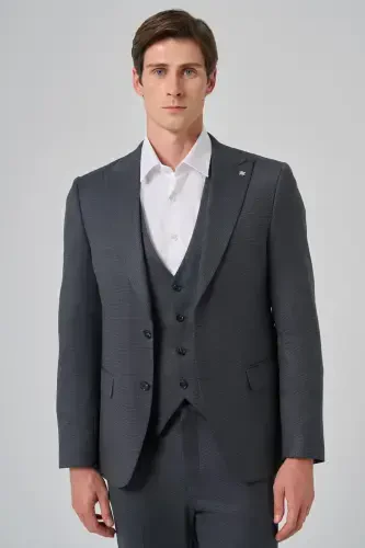 Modazone Erkak Antrasit Poliviskon Nimchali Trend Naqshli Slim Fit Uchli Yoqali Kostyum - 1