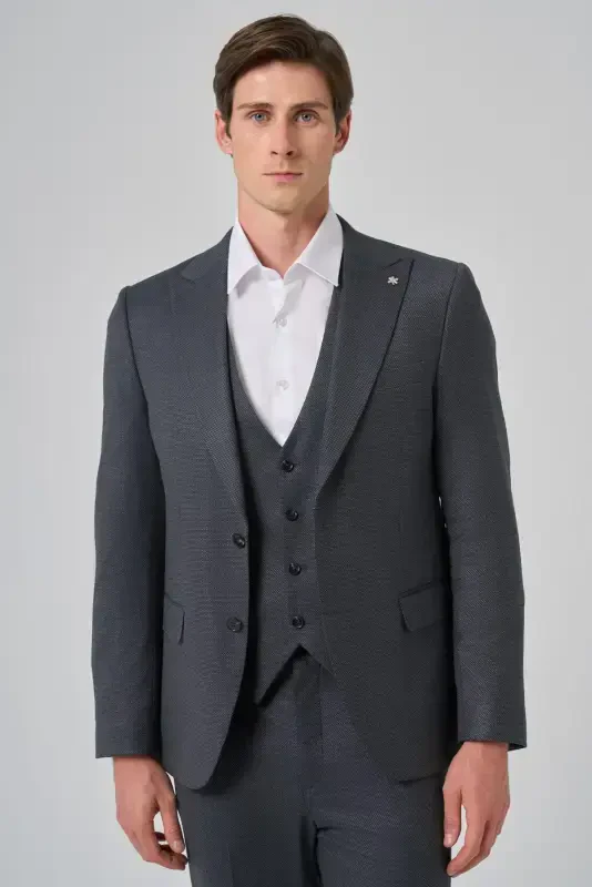 Modazone Erkak Antrasit Poliviskon Nimchali Trend Naqshli Slim Fit Uchli Yoqali Kostyum - MORVEN