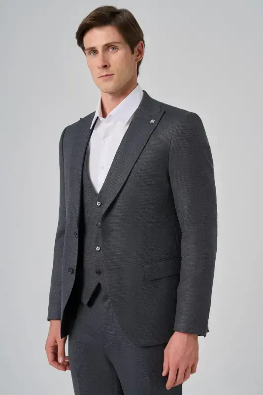 Modazone Erkak Antrasit Poliviskon Nimchali Trend Naqshli Slim Fit Uchli Yoqali Kostyum - 3