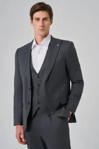 Modazone Erkak Antrasit Poliviskon Nimchali Trend Naqshli Slim Fit Uchli Yoqali Kostyum - 4