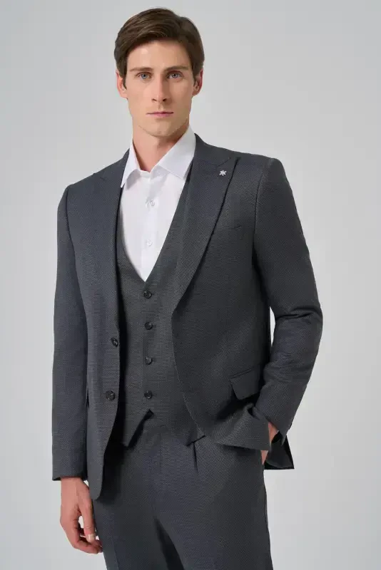 Modazone Erkak Antrasit Poliviskon Nimchali Trend Naqshli Slim Fit Uchli Yoqali Kostyum - 4