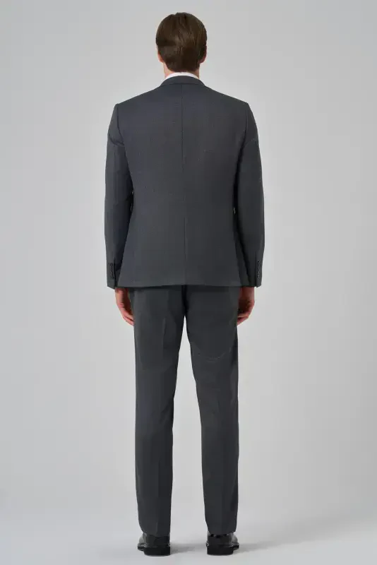 Modazone Erkak Antrasit Poliviskon Nimchali Trend Naqshli Slim Fit Uchli Yoqali Kostyum - 5