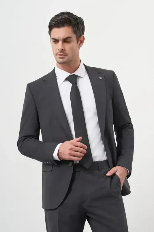 Modazone Erkak Antrasit Yün Slim Fit Mono Yoqa Takim Elbise - MORVEN