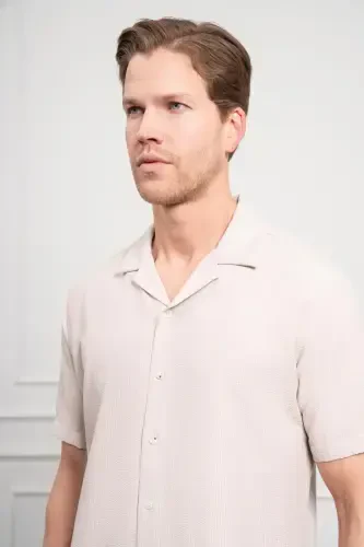 Modazone Erkak Bej Apaş Yoqali Qisqa Yengli Ko'ylak - 4