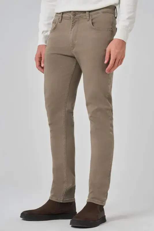 Modazone Erkak Bej Denim 5 Cho'ntak Slim Fit Jinsi Shim Kot - 4