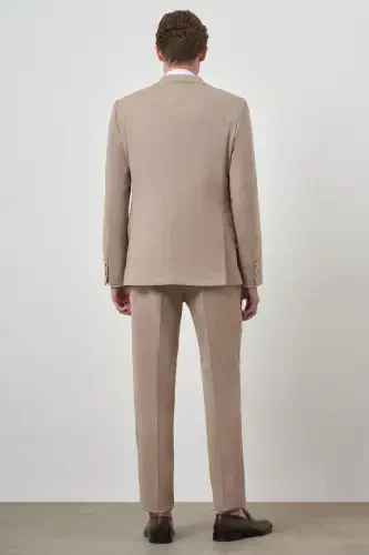 Modazone Erkak Bej Junli Slim Fit Yelekli Mono Yoqali Takim Elbise - 5