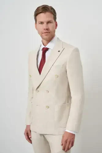 Modazone Erkak Bej Keten Kruvaze Slim Fit Sivri Yoqali Kostyum - 3