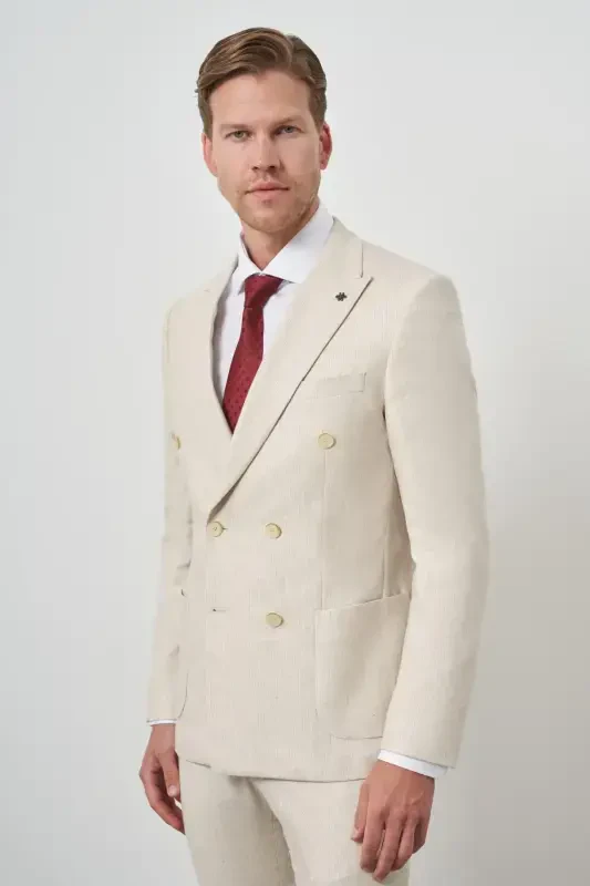 Modazone Erkak Bej Keten Kruvaze Slim Fit Sivri Yoqali Kostyum - 3