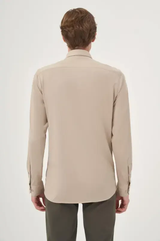 Modazone Erkak Bej O'rma Slim Fit Tugmali Yoqali Ko'ylak - 4