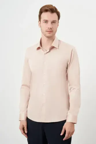 Modazone Erkak Bej Paxta Tekis Naqshli Qattiq Yoqali Slim Fit Ko'ylak - MORVEN (1)