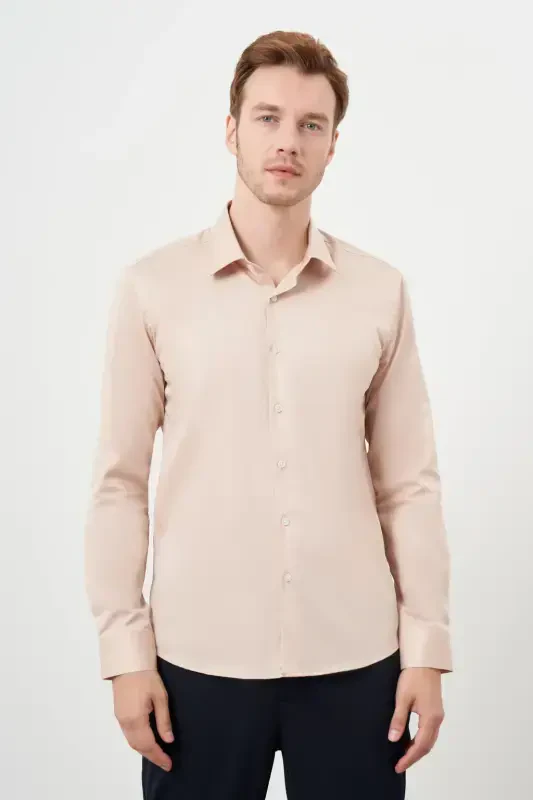 Modazone Erkak Bej Paxta Tekis Naqshli Qattiq Yoqali Slim Fit Ko'ylak - 3