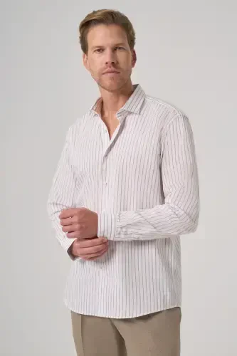 Modazone Erkak Bej Paxta Trend Chiziqli Slim Fit Yarim Italyan Yoqa Ko'ylak - MORVEN (1)