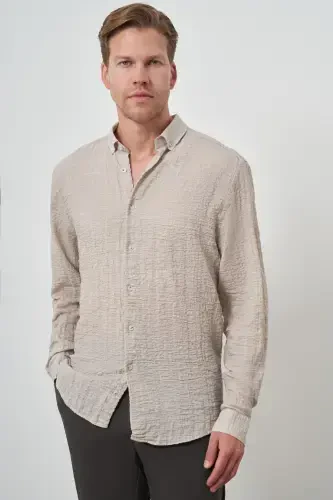 Modazone Erkak Bej Paxta Trend Slim Fit Tugmali Yoqa Ko'ylak - 4