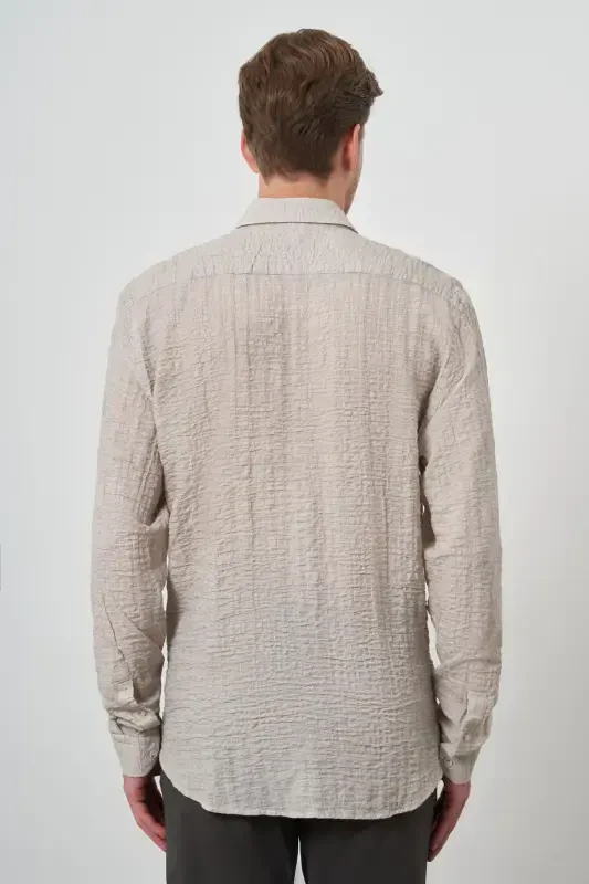 Modazone Erkak Bej Paxta Trend Slim Fit Tugmali Yoqa Ko'ylak - 5